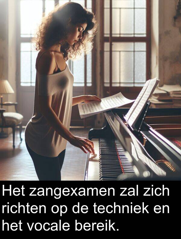 zal: Het zangexamen zal zich richten op de techniek en het vocale bereik.