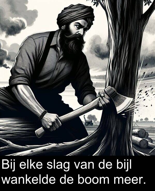 slag: Bij elke slag van de bijl wankelde de boom meer.