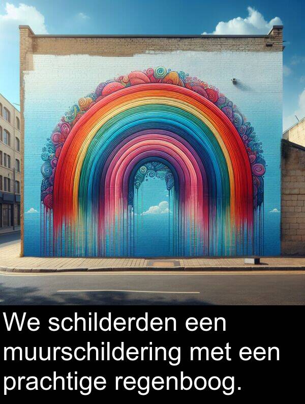 prachtige: We schilderden een muurschildering met een prachtige regenboog.
