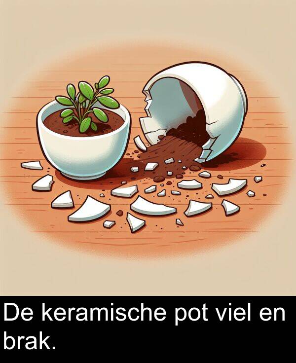 pot: De keramische pot viel en brak.