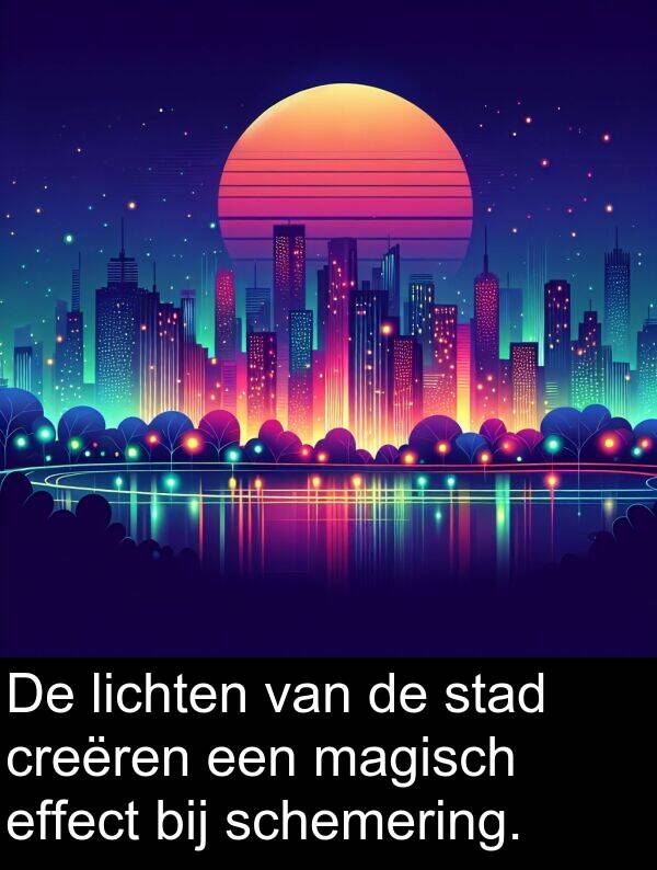 stad: De lichten van de stad creëren een magisch effect bij schemering.