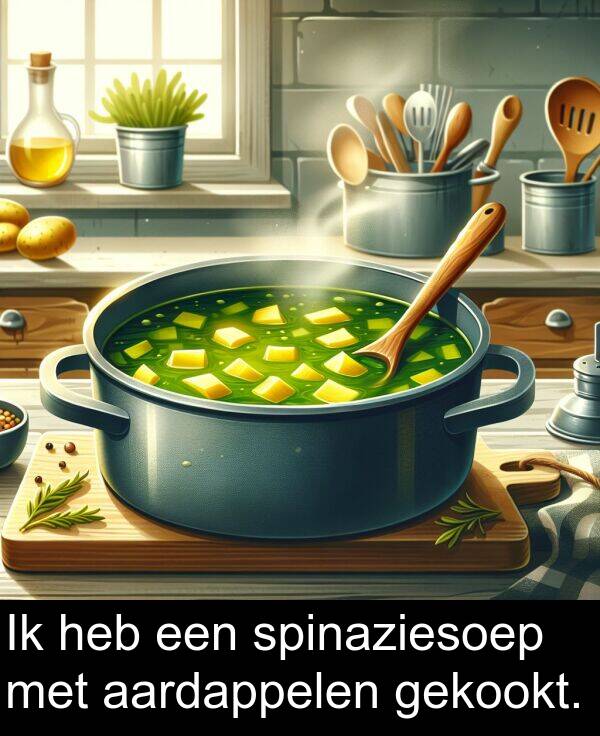 gekookt: Ik heb een spinaziesoep met aardappelen gekookt.
