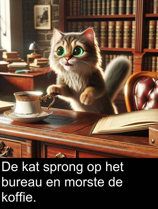 bureau: De kat sprong op het bureau en morste de koffie.