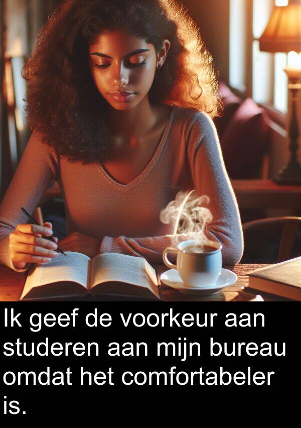 voorkeur: Ik geef de voorkeur aan studeren aan mijn bureau omdat het comfortabeler is.