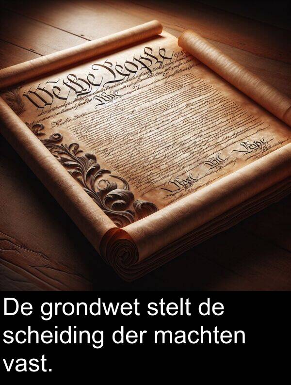 grondwet: De grondwet stelt de scheiding der machten vast.