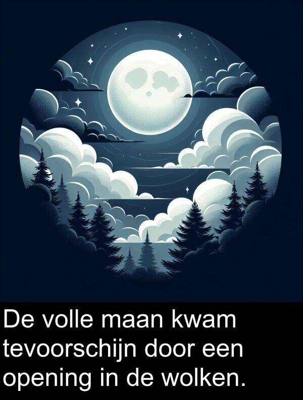 maan: De volle maan kwam tevoorschijn door een opening in de wolken.