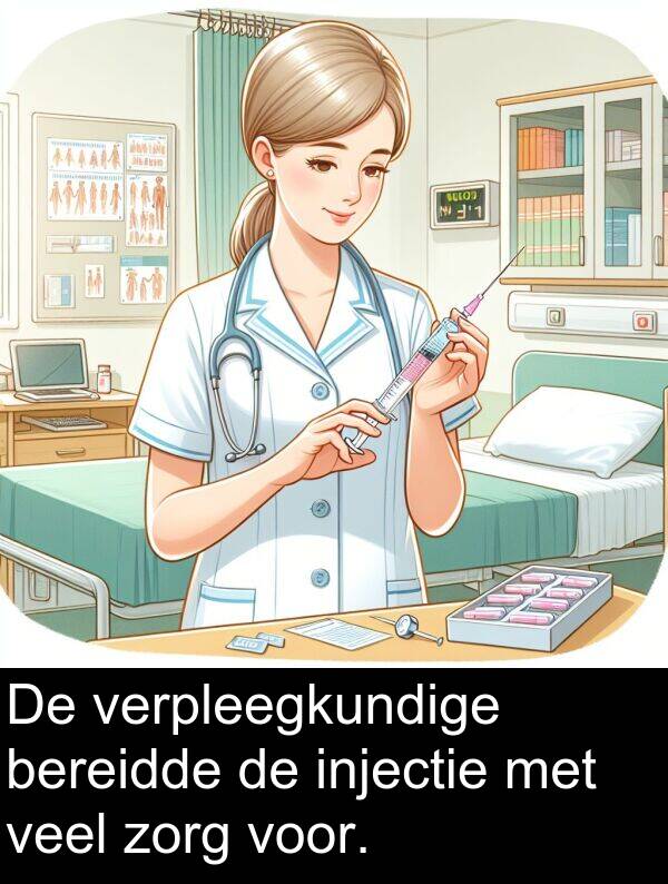 zorg: De verpleegkundige bereidde de injectie met veel zorg voor.