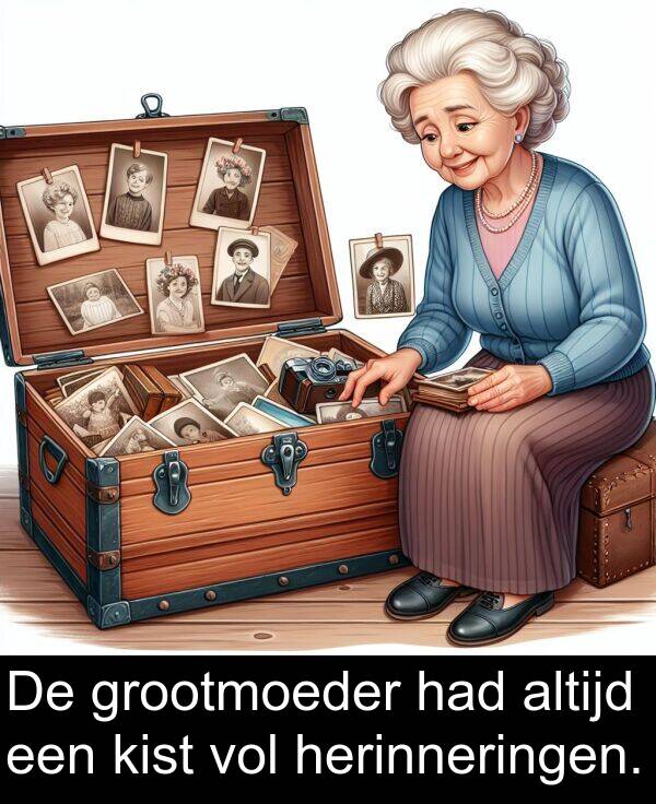 grootmoeder: De grootmoeder had altijd een kist vol herinneringen.
