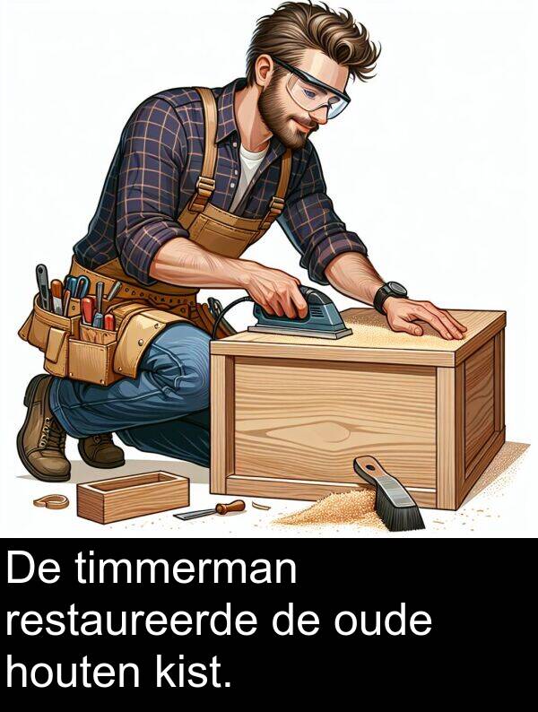 houten: De timmerman restaureerde de oude houten kist.