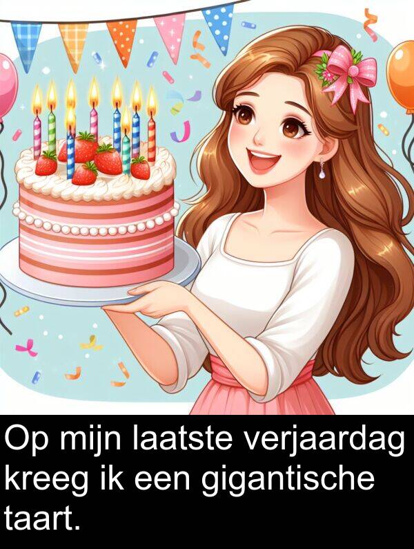 gigantische: Op mijn laatste verjaardag kreeg ik een gigantische taart.