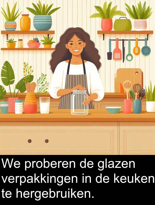 glazen: We proberen de glazen verpakkingen in de keuken te hergebruiken.