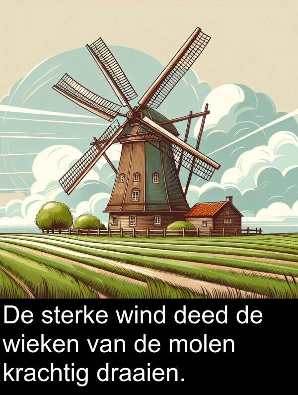 draaien: De sterke wind deed de wieken van de molen krachtig draaien.
