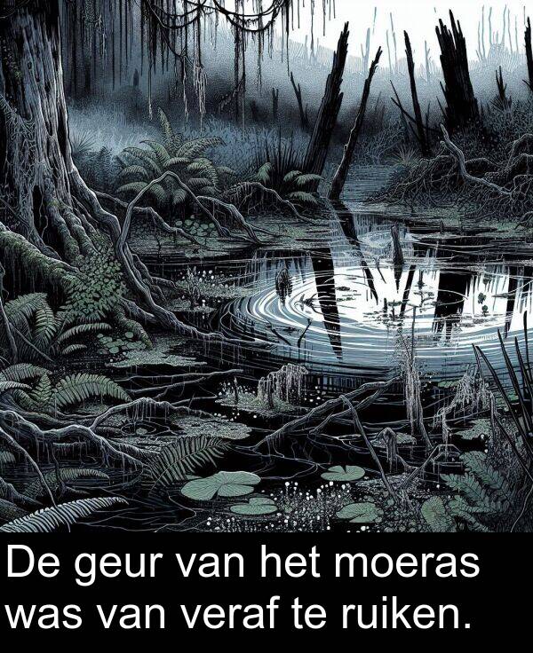 geur: De geur van het moeras was van veraf te ruiken.