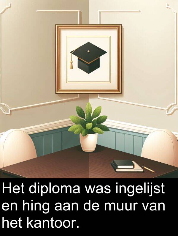 diploma: Het diploma was ingelijst en hing aan de muur van het kantoor.