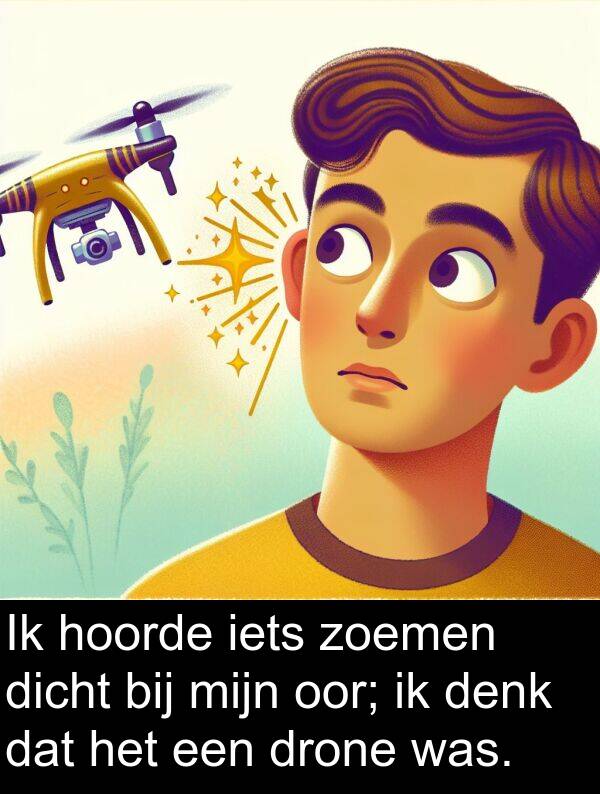 drone: Ik hoorde iets zoemen dicht bij mijn oor; ik denk dat het een drone was.