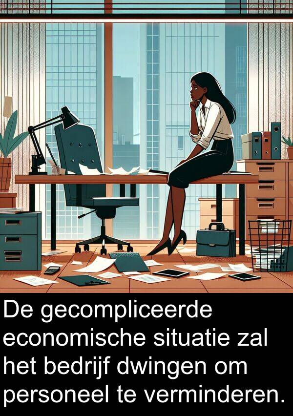 dwingen: De gecompliceerde economische situatie zal het bedrijf dwingen om personeel te verminderen.