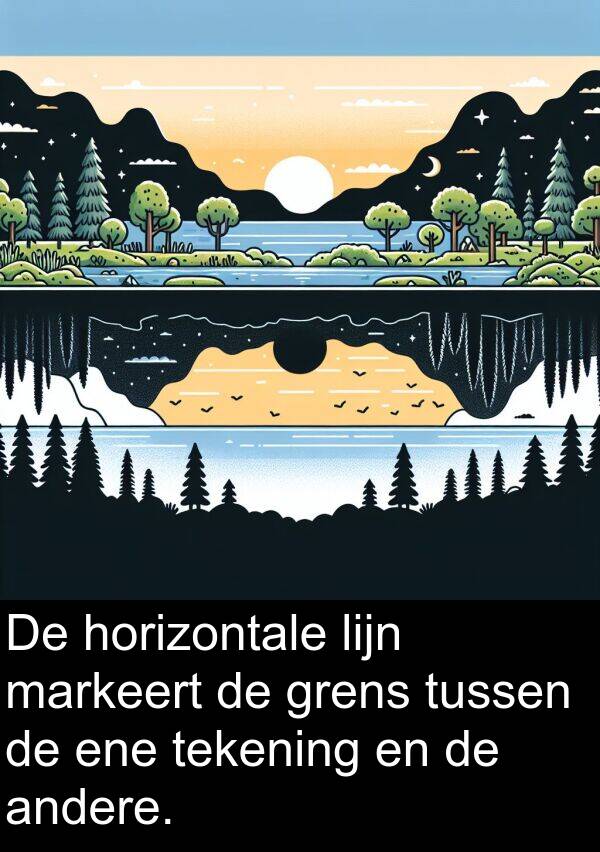 grens: De horizontale lijn markeert de grens tussen de ene tekening en de andere.