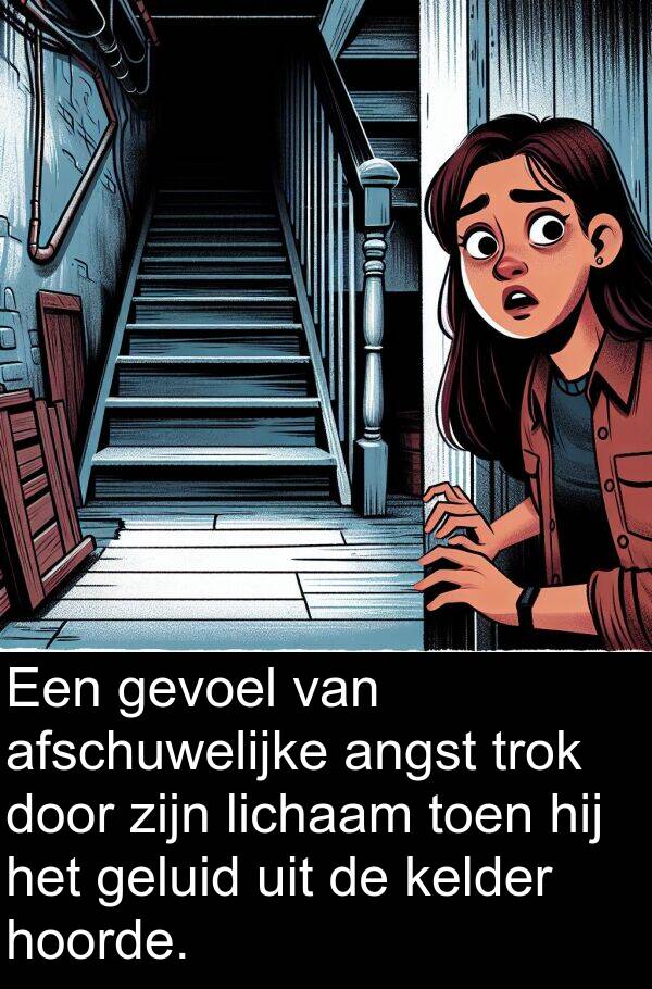 gevoel: Een gevoel van afschuwelijke angst trok door zijn lichaam toen hij het geluid uit de kelder hoorde.