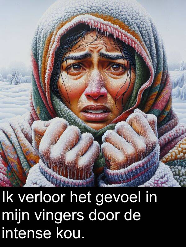 gevoel: Ik verloor het gevoel in mijn vingers door de intense kou.