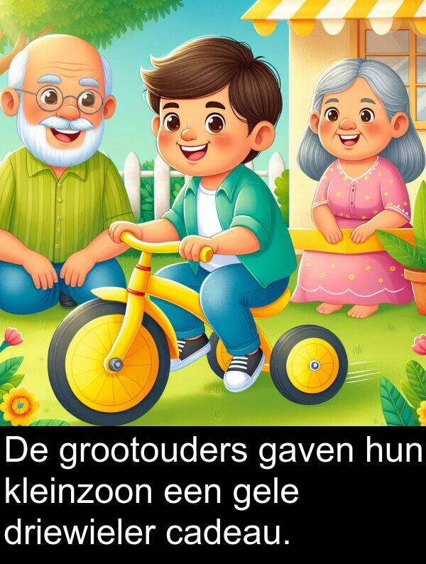 grootouders: De grootouders gaven hun kleinzoon een gele driewieler cadeau.