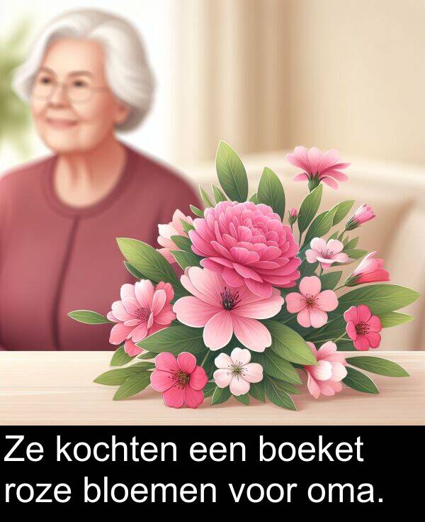 voor: Ze kochten een boeket roze bloemen voor oma.