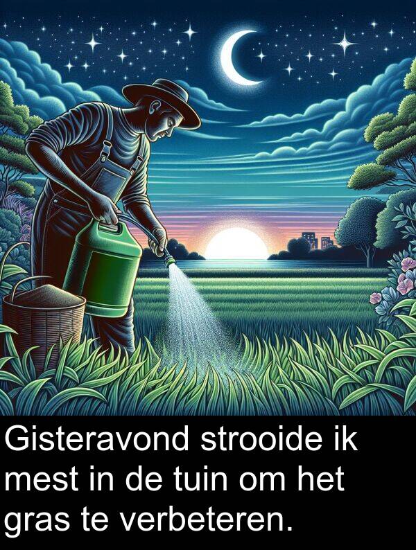 tuin: Gisteravond strooide ik mest in de tuin om het gras te verbeteren.