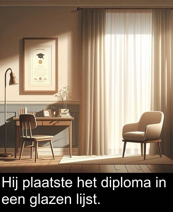 glazen: Hij plaatste het diploma in een glazen lijst.