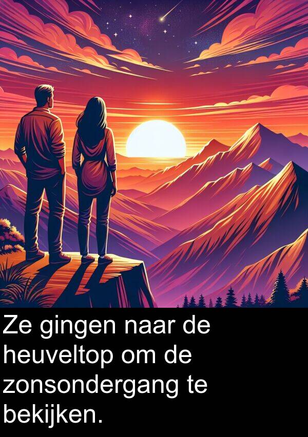 gingen: Ze gingen naar de heuveltop om de zonsondergang te bekijken.