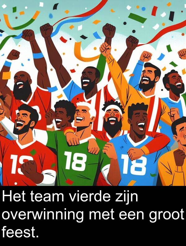 groot: Het team vierde zijn overwinning met een groot feest.