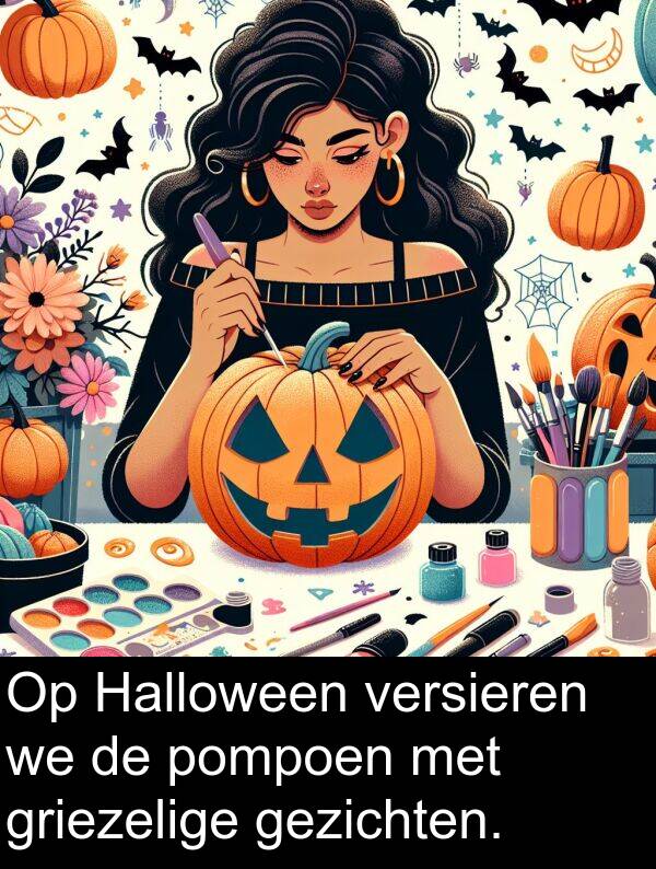 gezichten: Op Halloween versieren we de pompoen met griezelige gezichten.