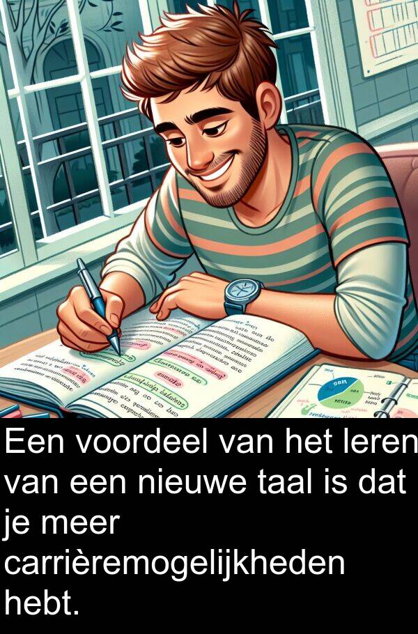 leren: Een voordeel van het leren van een nieuwe taal is dat je meer carrièremogelijkheden hebt.