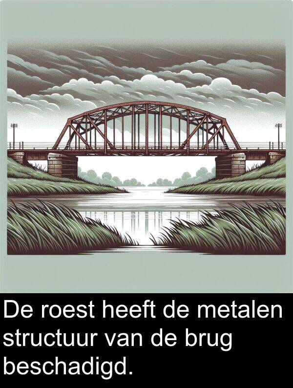 beschadigd: De roest heeft de metalen structuur van de brug beschadigd.
