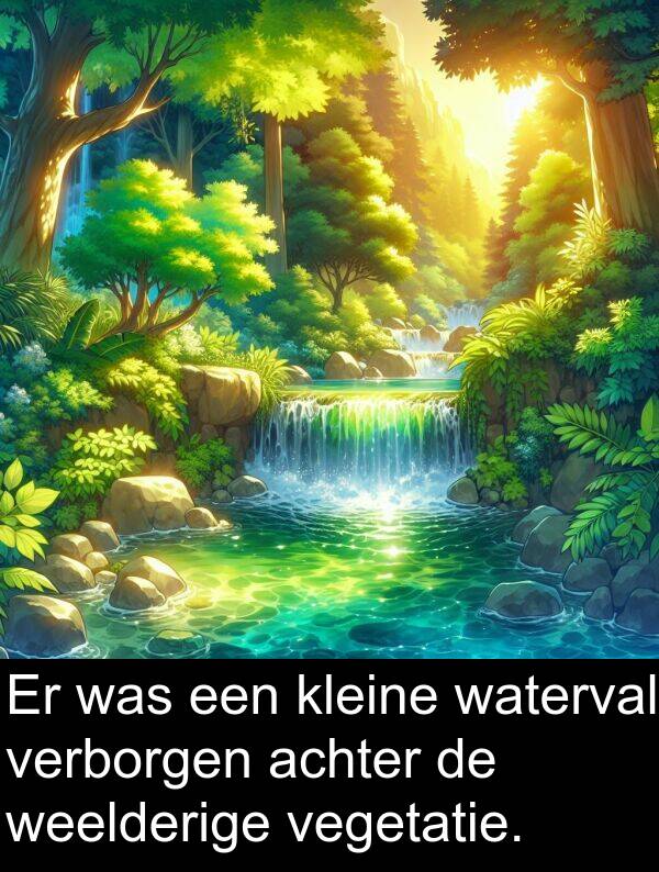 vegetatie: Er was een kleine waterval verborgen achter de weelderige vegetatie.