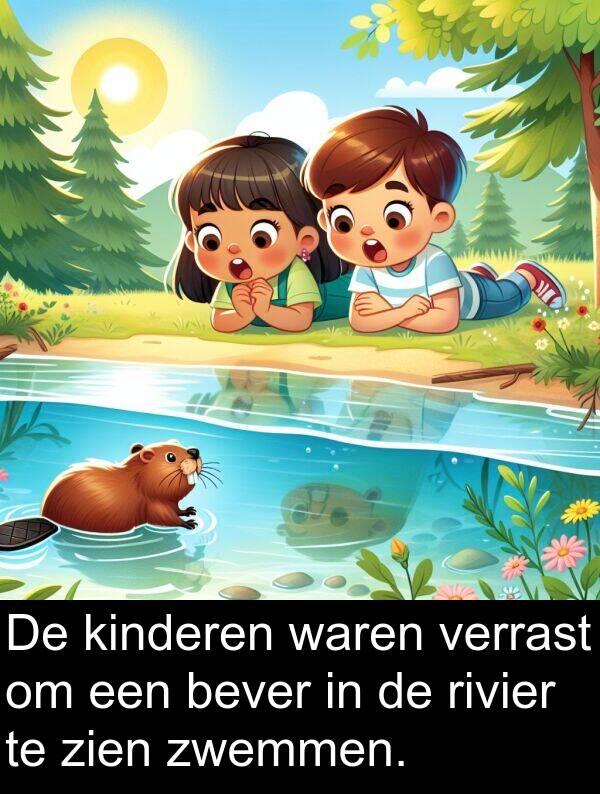 kinderen: De kinderen waren verrast om een bever in de rivier te zien zwemmen.