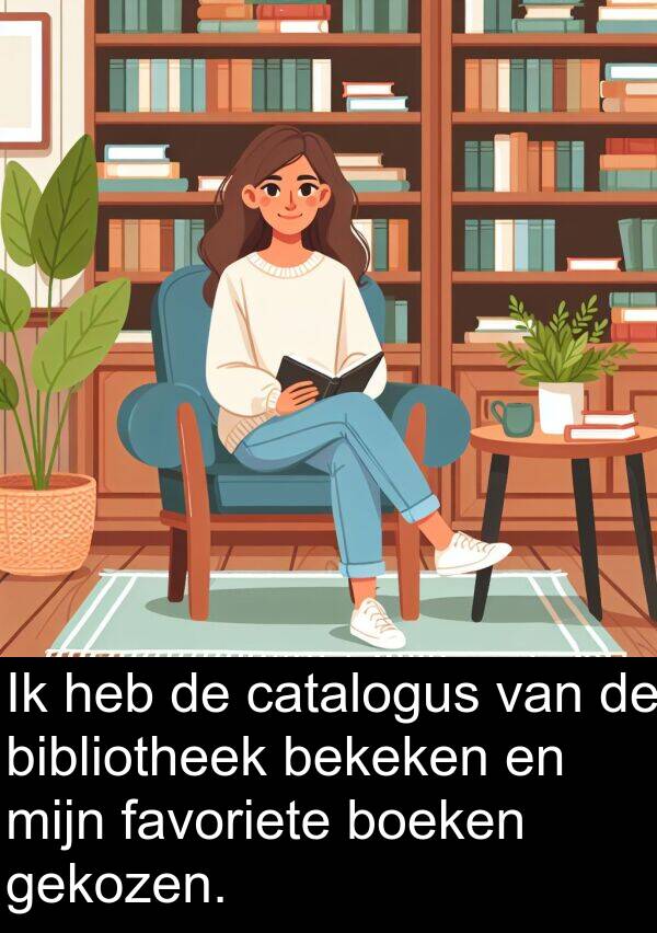 gekozen: Ik heb de catalogus van de bibliotheek bekeken en mijn favoriete boeken gekozen.