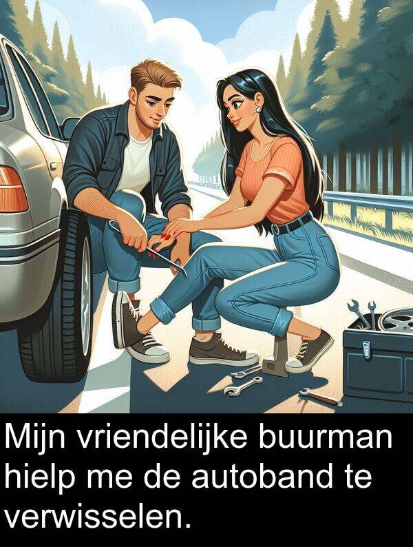 verwisselen: Mijn vriendelijke buurman hielp me de autoband te verwisselen.