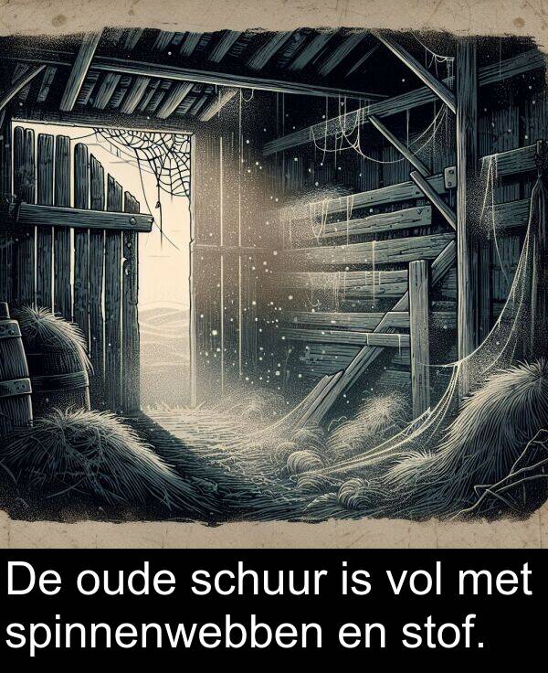 spinnenwebben: De oude schuur is vol met spinnenwebben en stof.