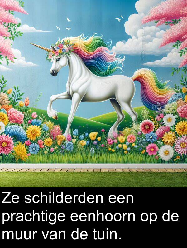 tuin: Ze schilderden een prachtige eenhoorn op de muur van de tuin.