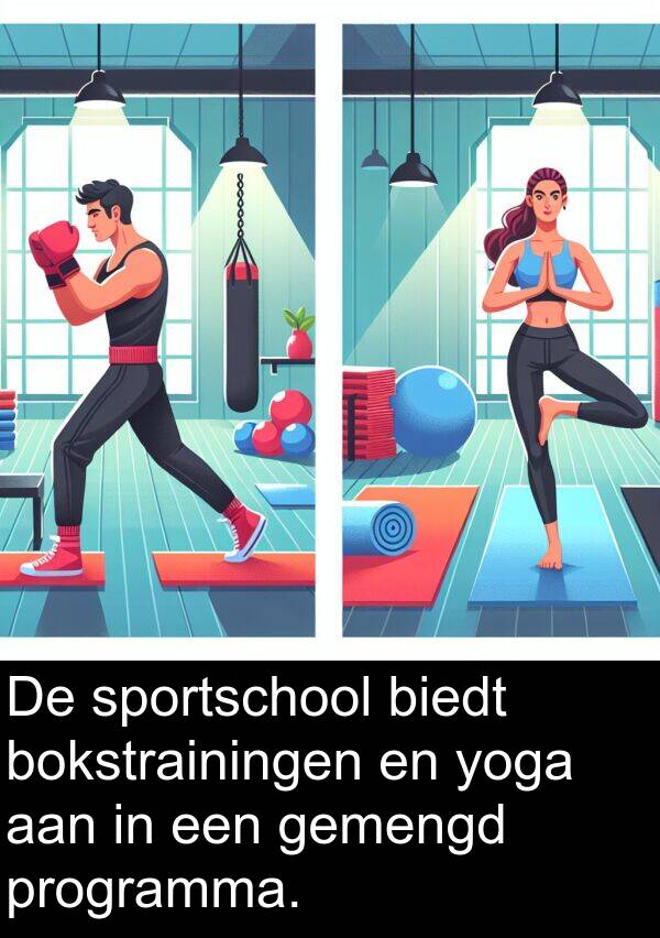 sportschool: De sportschool biedt bokstrainingen en yoga aan in een gemengd programma.