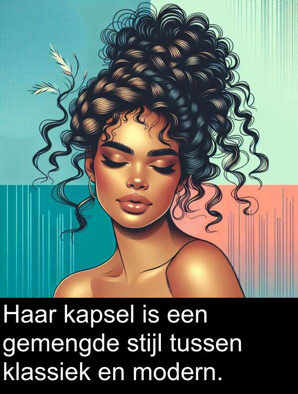stijl: Haar kapsel is een gemengde stijl tussen klassiek en modern.