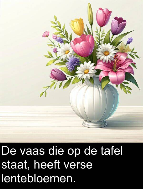 staat: De vaas die op de tafel staat, heeft verse lentebloemen.