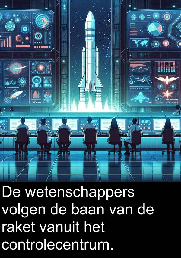 baan: De wetenschappers volgen de baan van de raket vanuit het controlecentrum.