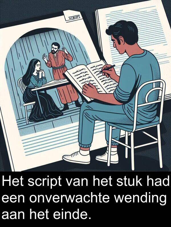 stuk: Het script van het stuk had een onverwachte wending aan het einde.