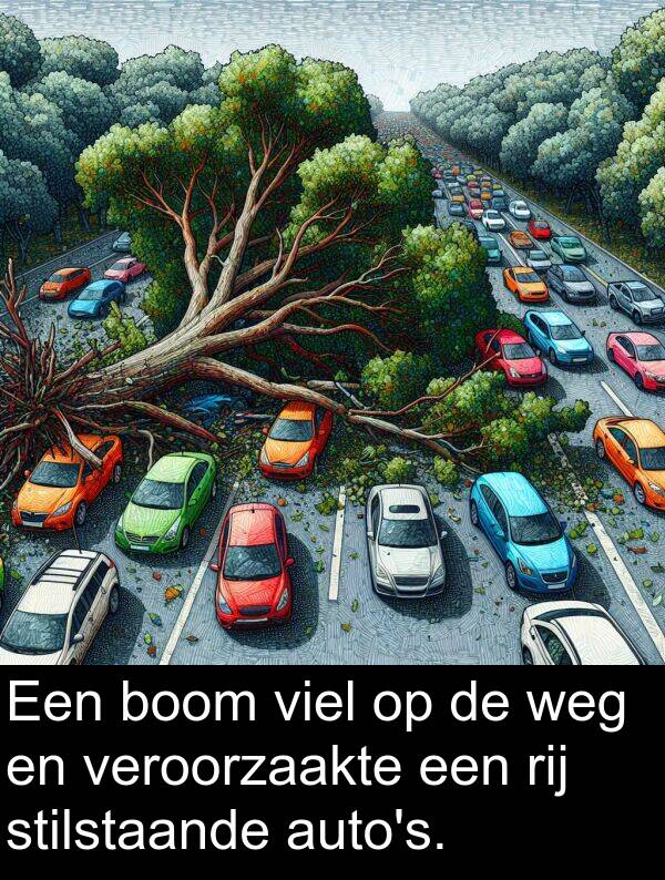 stilstaande: Een boom viel op de weg en veroorzaakte een rij stilstaande auto's.
