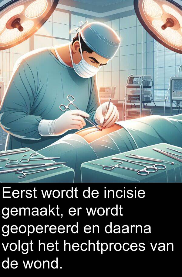 wond: Eerst wordt de incisie gemaakt, er wordt geopereerd en daarna volgt het hechtproces van de wond.