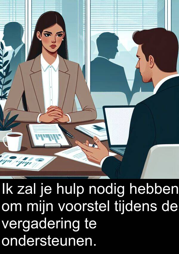 zal: Ik zal je hulp nodig hebben om mijn voorstel tijdens de vergadering te ondersteunen.