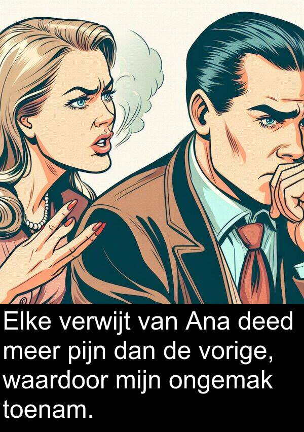 dan: Elke verwijt van Ana deed meer pijn dan de vorige, waardoor mijn ongemak toenam.