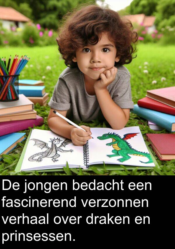 prinsessen: De jongen bedacht een fascinerend verzonnen verhaal over draken en prinsessen.