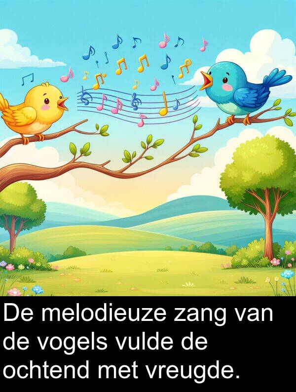 zang: De melodieuze zang van de vogels vulde de ochtend met vreugde.