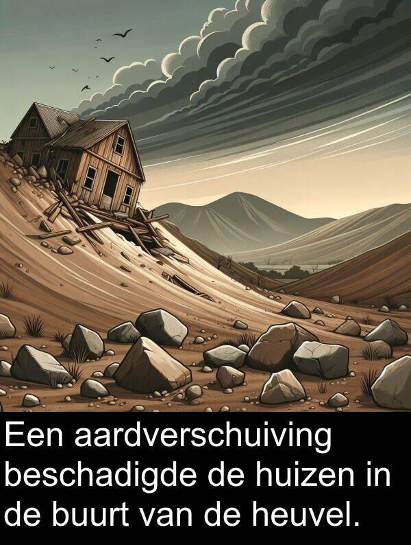 beschadigde: Een aardverschuiving beschadigde de huizen in de buurt van de heuvel.